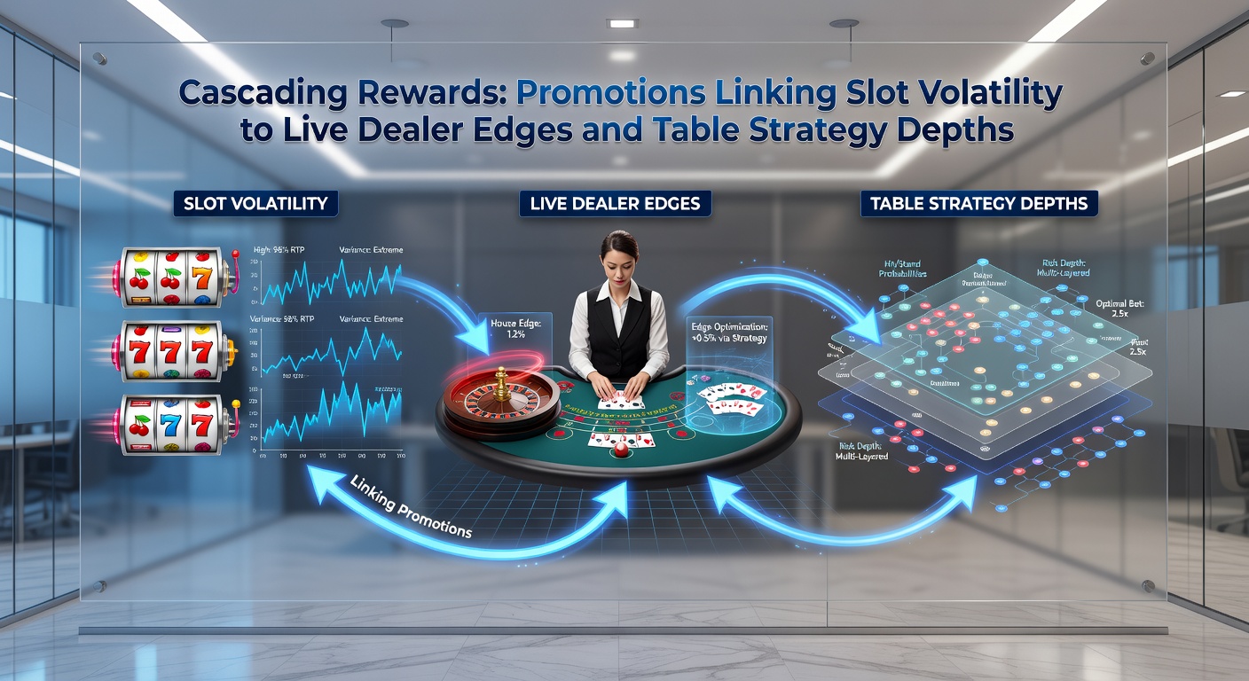 Dynamic graphic illustrating reward cascades from slot reels to live dealer interfaces and intricate table strategy charts