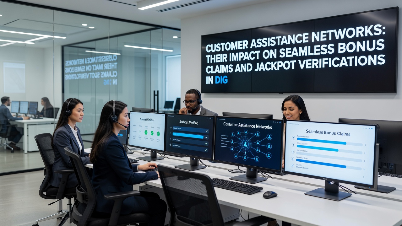 Support specialists verifying jackpot payouts through integrated customer assistance systems in online gaming