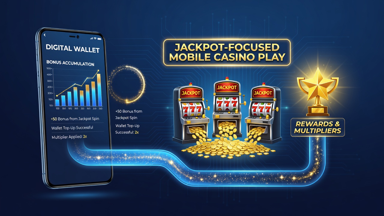 Mobile screen displaying real-time jackpot meter alongside digital wallet balance and active bonus indicators