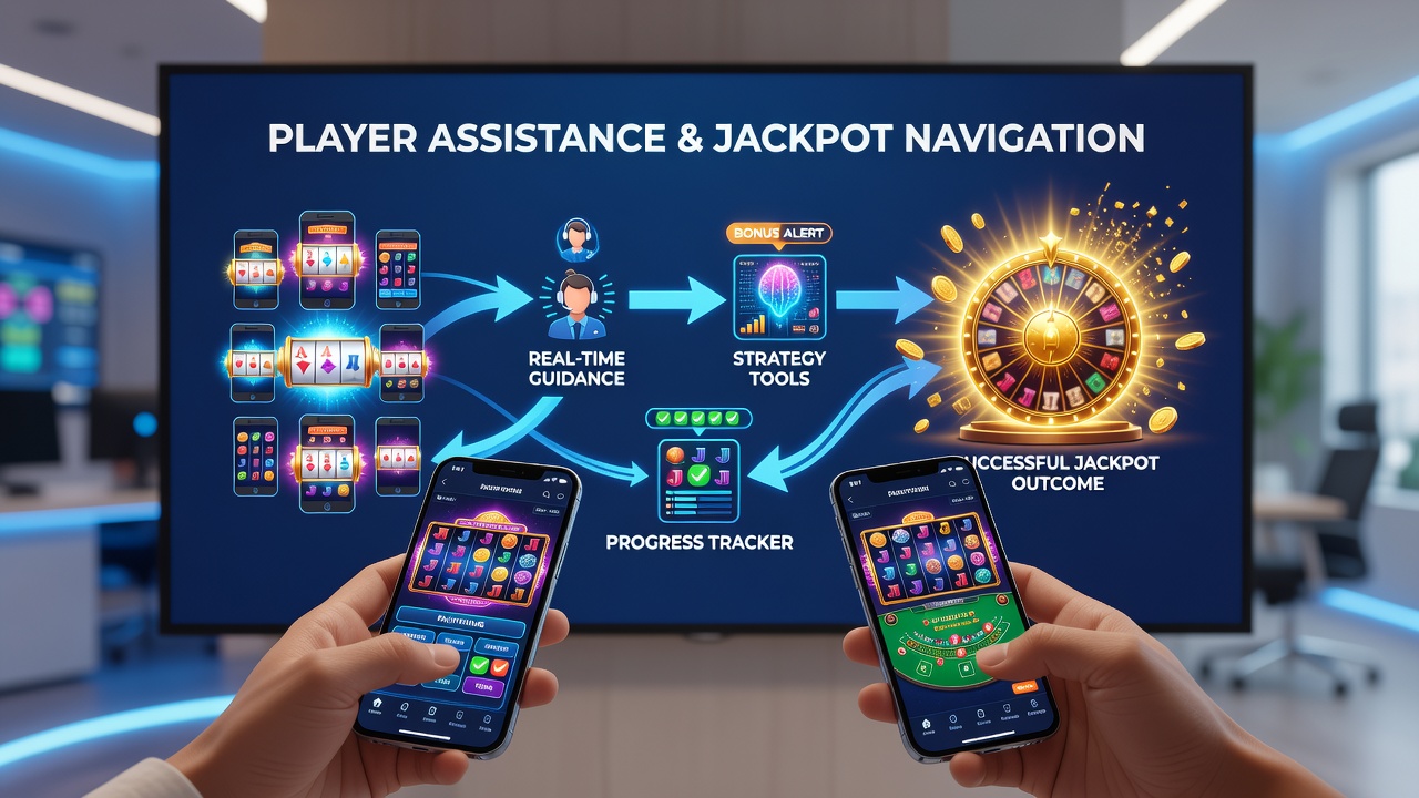 Player using mobile device with support chat open beside jackpot progress display