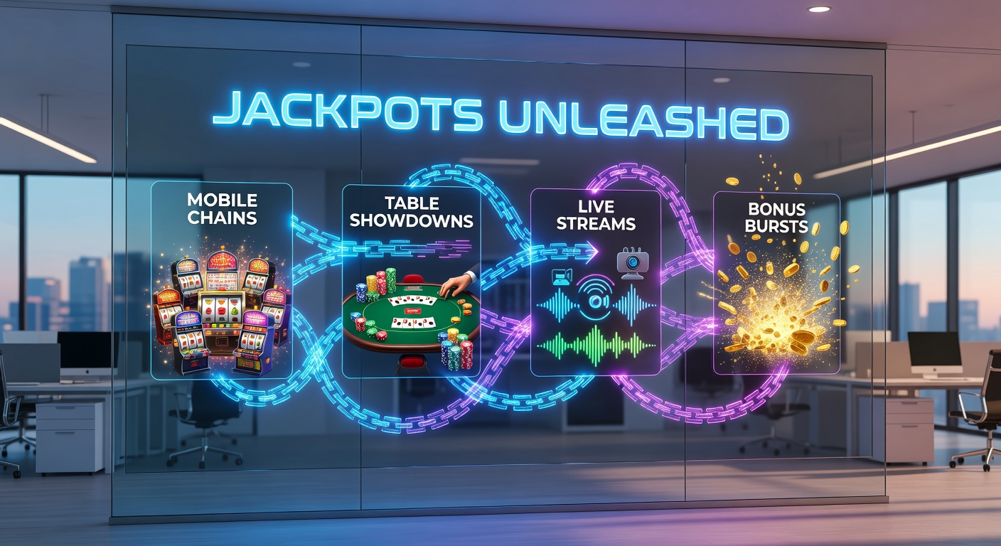 Dynamic split-screen view of a mobile app showing slot jackpots linking to live table games and dealer streams with deposit buttons glowing