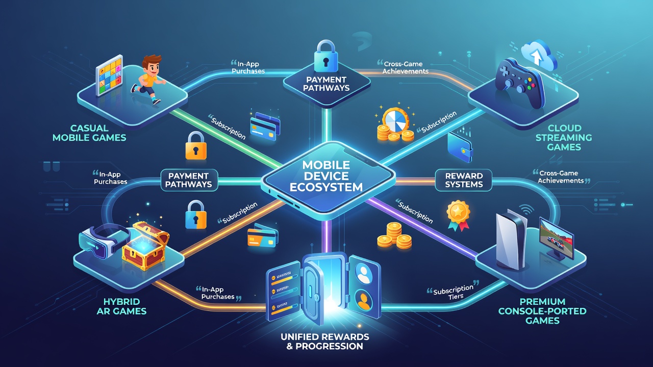 Diagram illustrating payment connections between mobile slots, live tables, jackpots, and reward dashboards