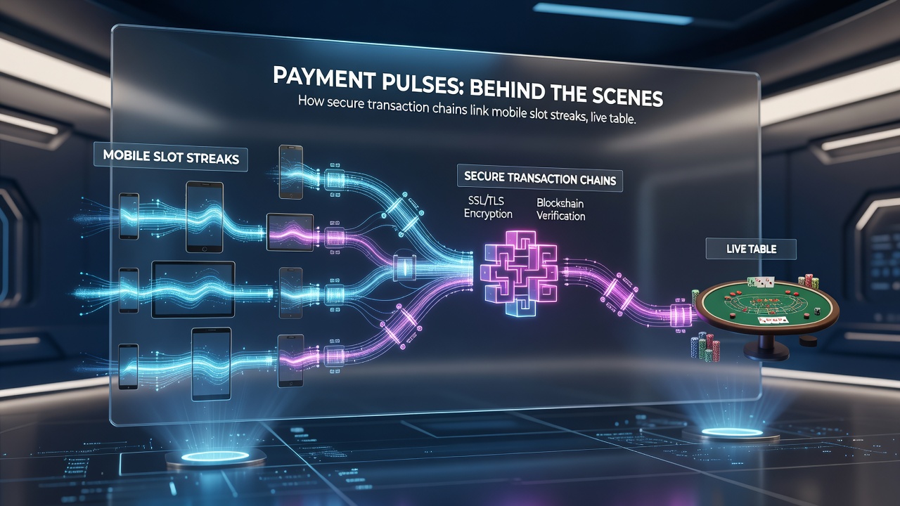 Illustration of encrypted payment pathways connecting slots, live tables, bonuses, and jackpot systems