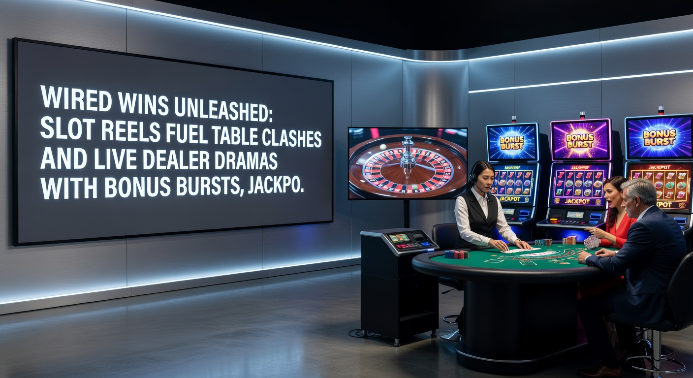 Live dealer commanding a blackjack table as mobile screens display linked jackpots and bonus bursts in the foreground